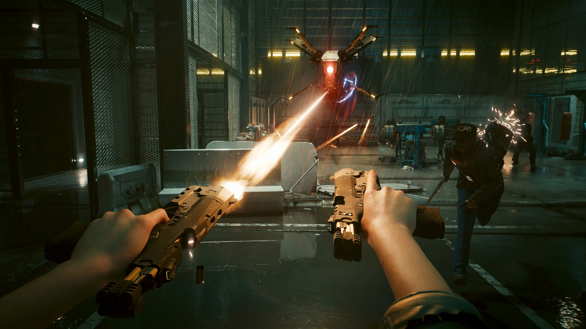 First-person view of V firing a pistol in each hand at enemies in a dim garage, with a muzzle flash lighting up the room