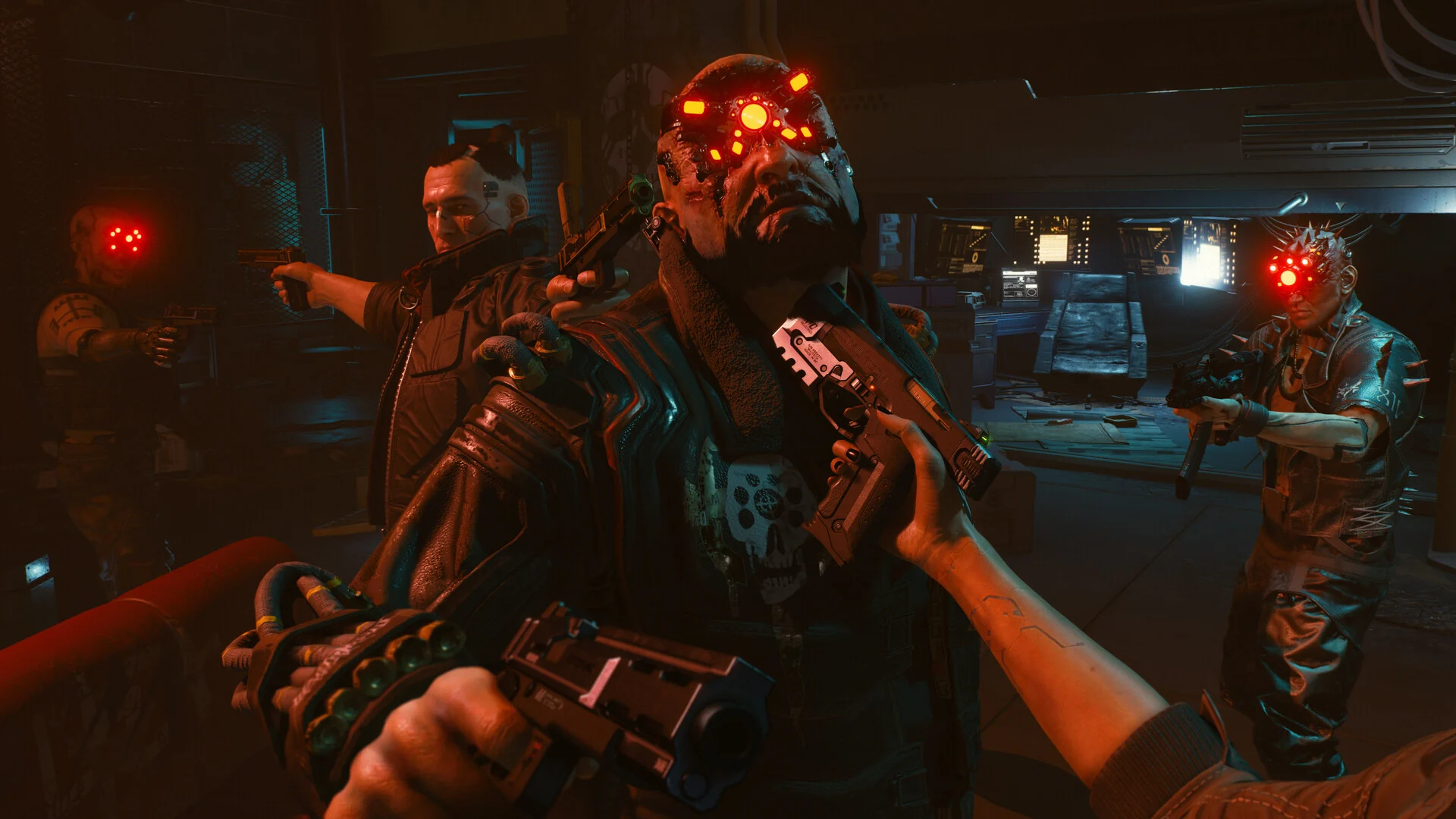 First-person view of V aiming a pistol at gang members with glowing red cyber eyes in a dark room