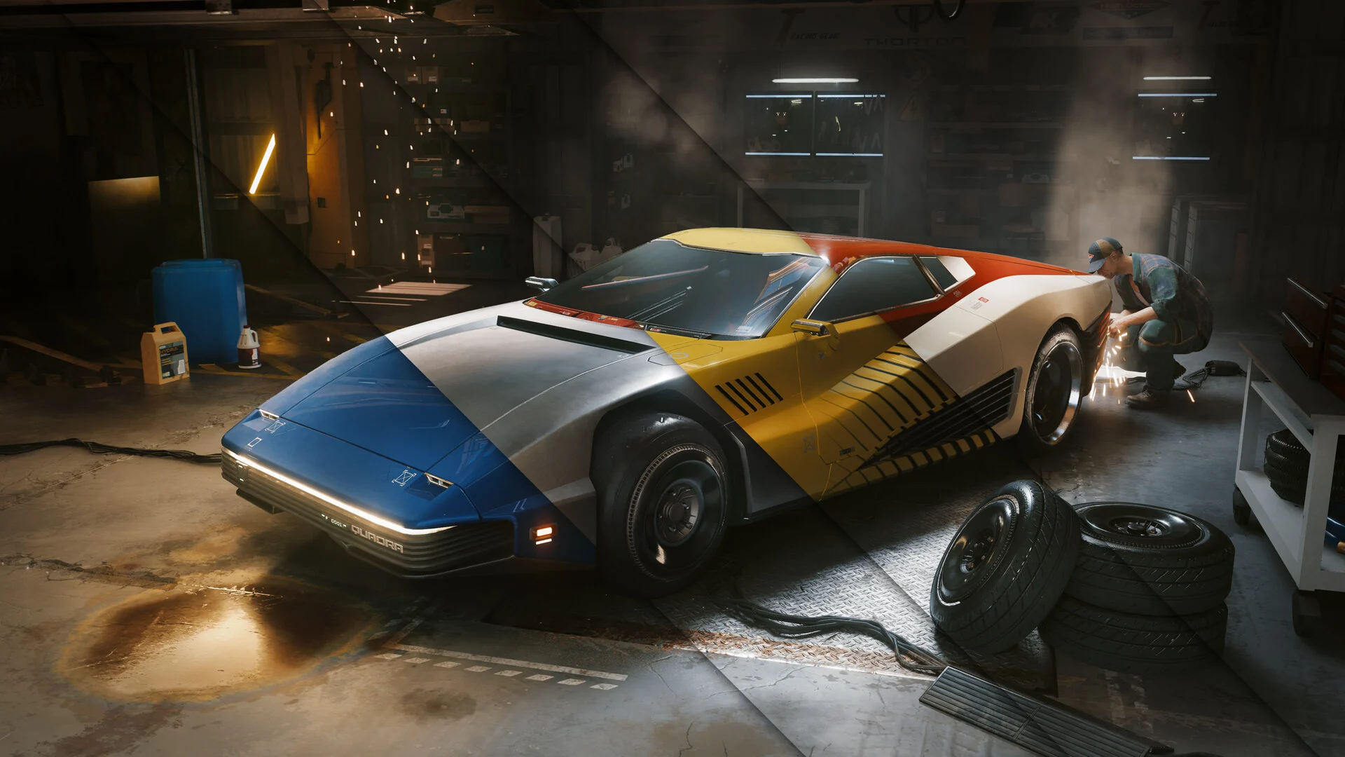 A blue, white and yellow wedge-shaped sports car parked in a cluttered garage while a mechanic works nearby