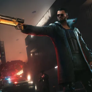 Cyberpunk 2077: Aiming a revolver in Night City