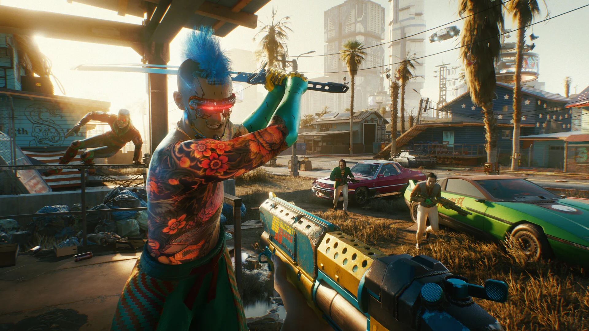 A gang member with a blue mohawk and glowing red eyes swings a katana in a sunny lot full of parked cars