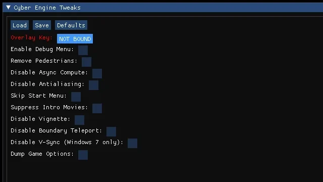 The Cyber Engine Tweaks overlay window with toggles such as Skip Start Menu, Suppress Intro Movies and Disable Vignette