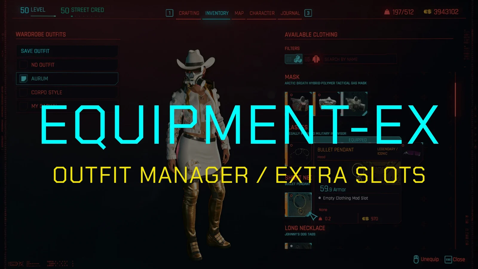 Equipment-EX banner over the wardrobe screen, showing saved outfits on the left and clothing slots on the right