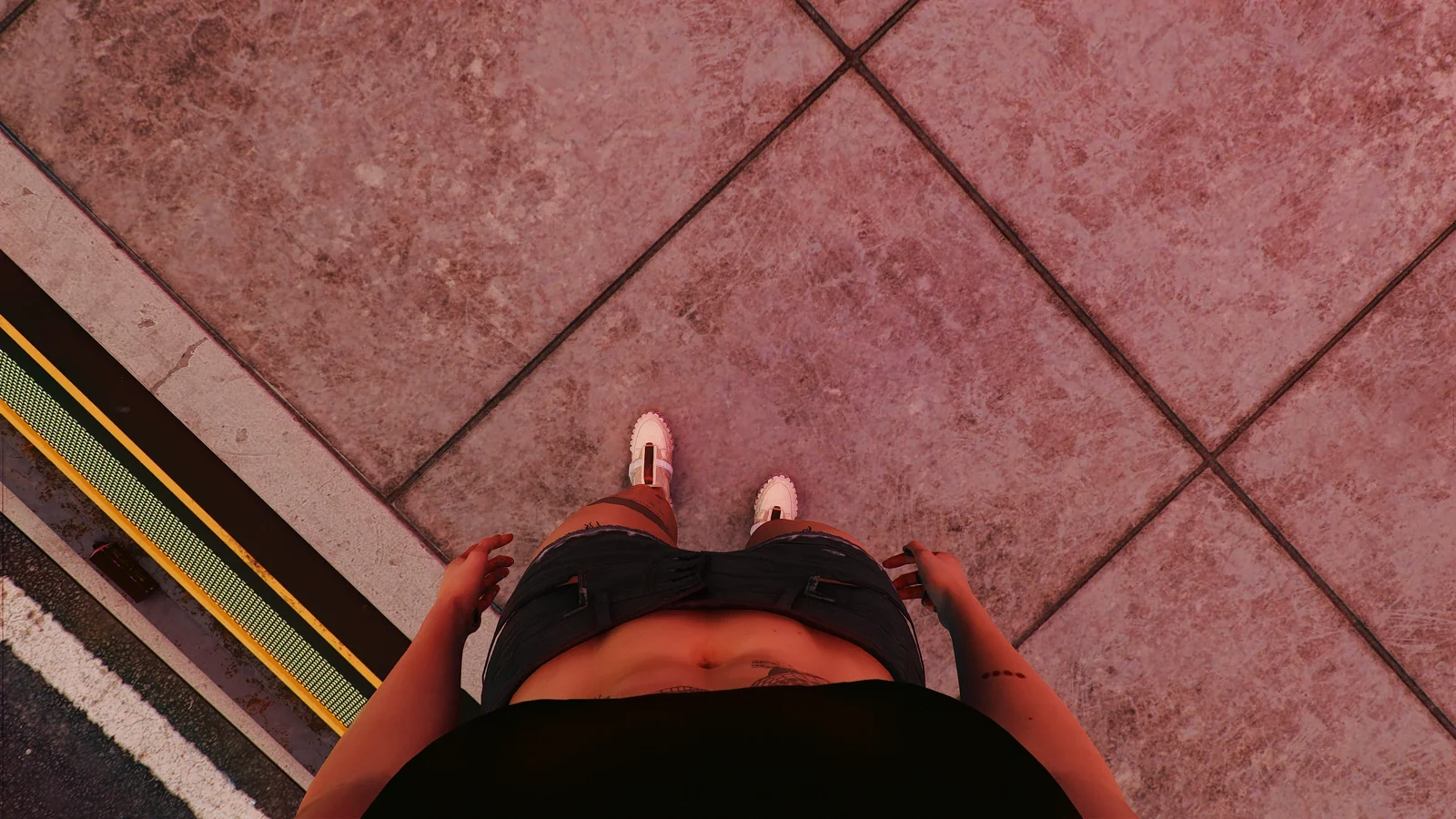 First-person view looking down at V's own body and shoes on a pink tiled sidewalk, made possible by the Immersive First Person mod