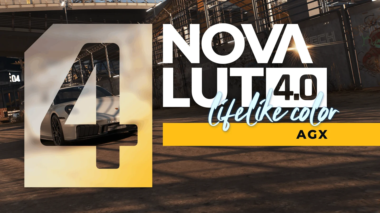 Nova LUT 4.0 banner with a white car in a sunlit garage
