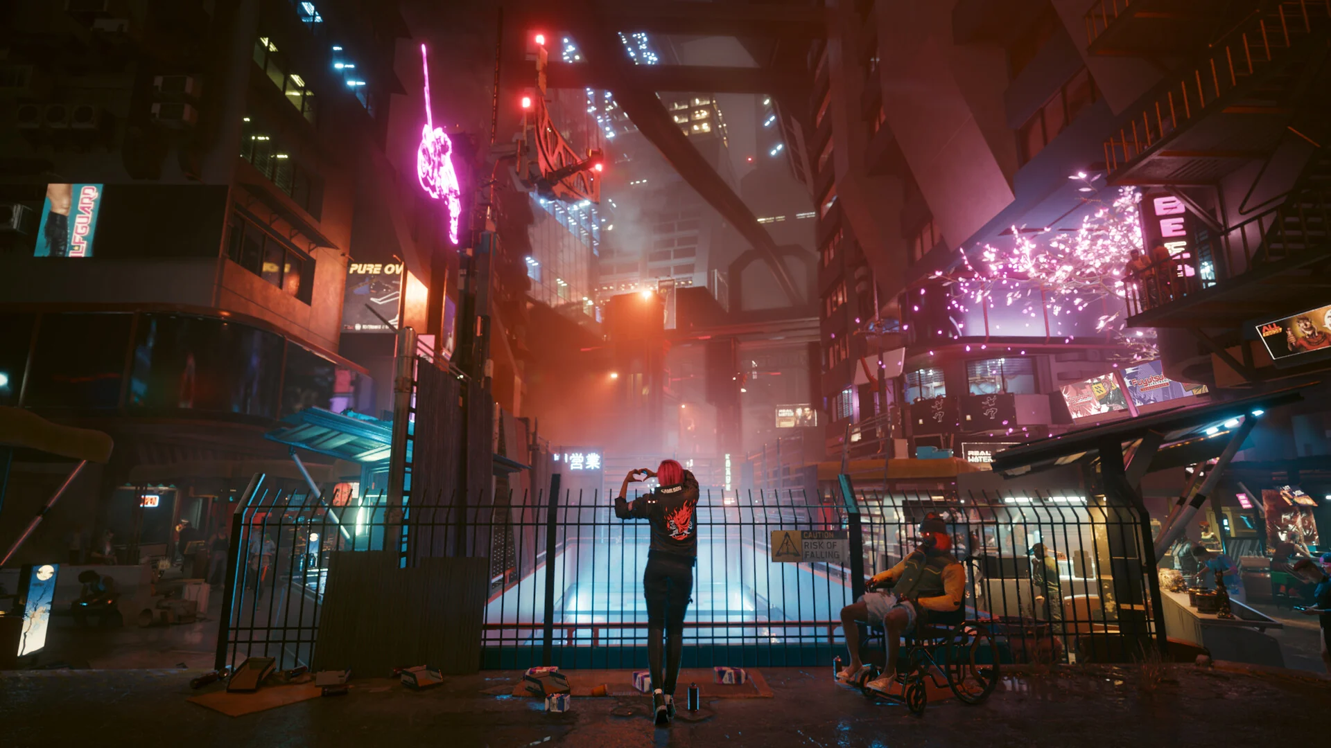 A crowded street market under layers of pink and blue neon signs at night