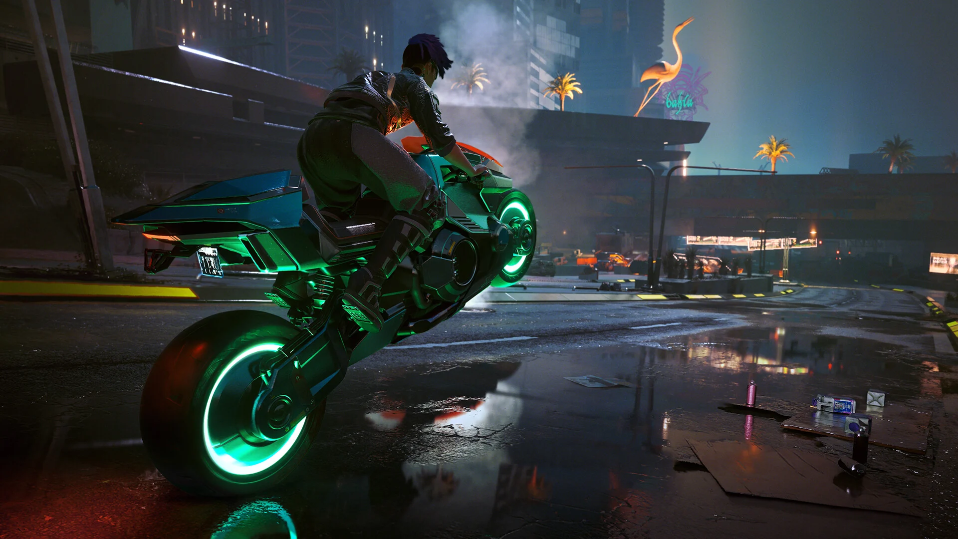 V rides a motorcycle with glowing green wheels across a wet road at night