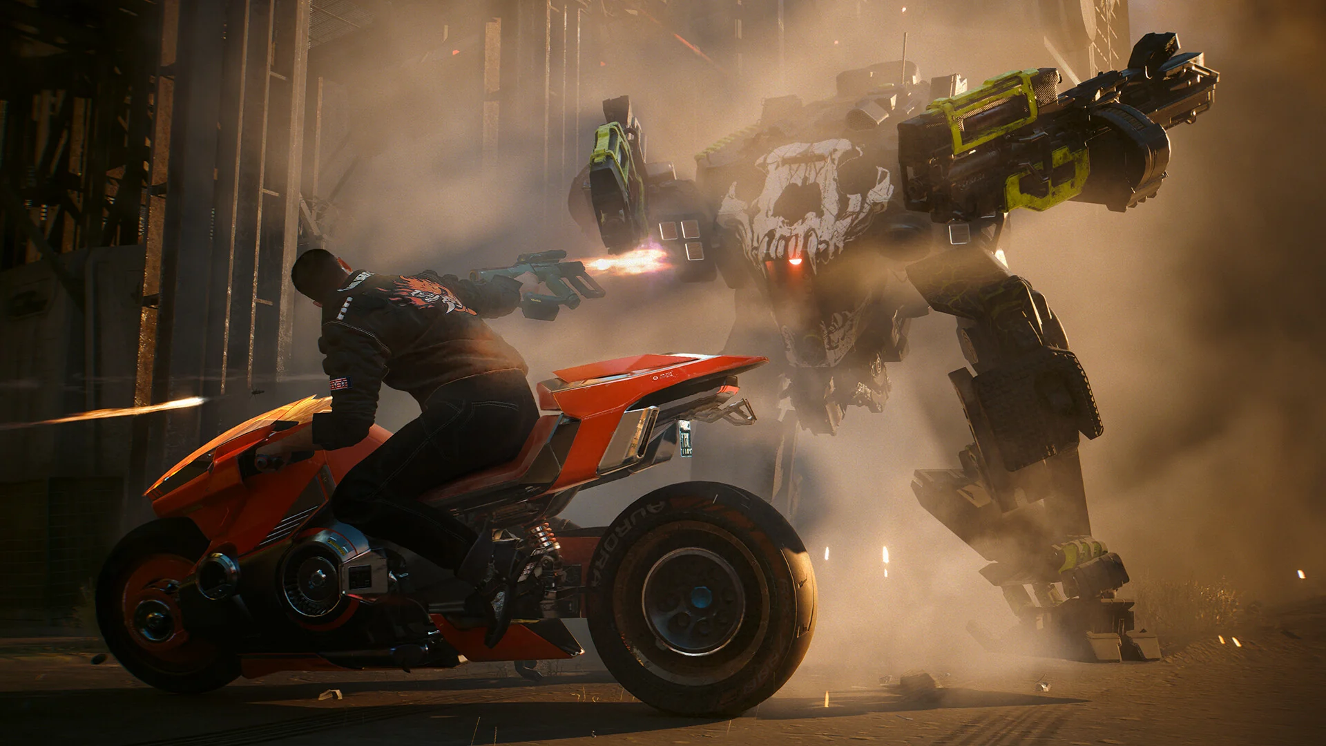 V on an orange motorcycle races away from a giant walking mech firing through the smoke