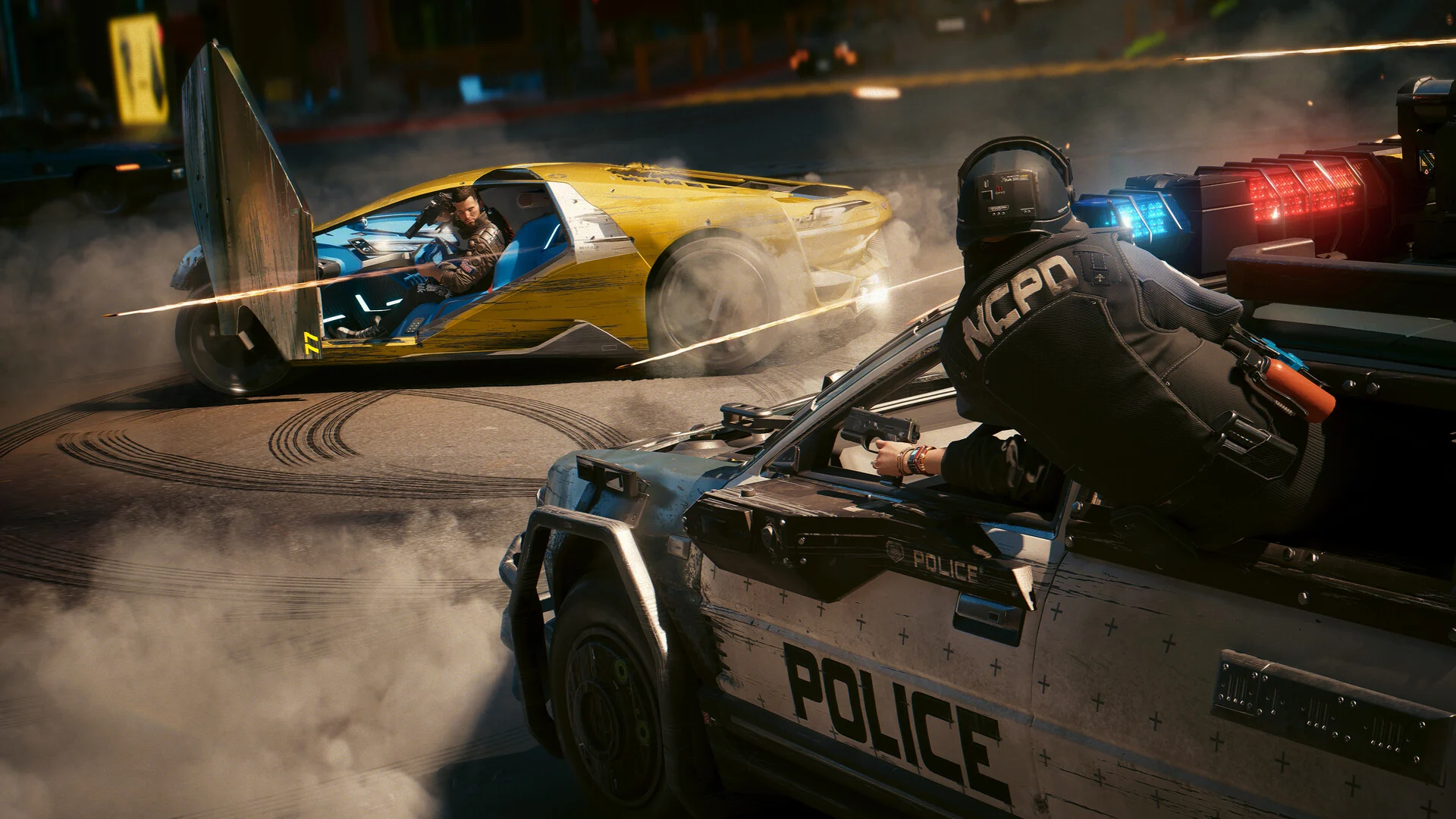 A yellow sports car drifts past a police cruiser while an armored officer takes cover behind the car door
