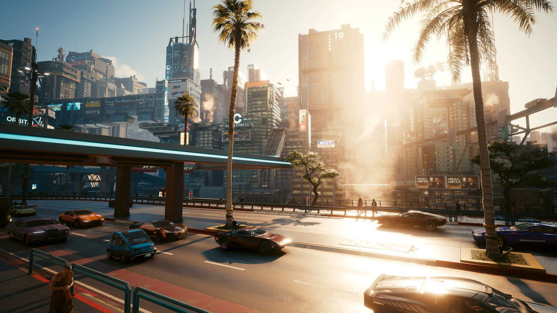 Cars drive along a sunny Night City highway lined with palm trees and tall buildings