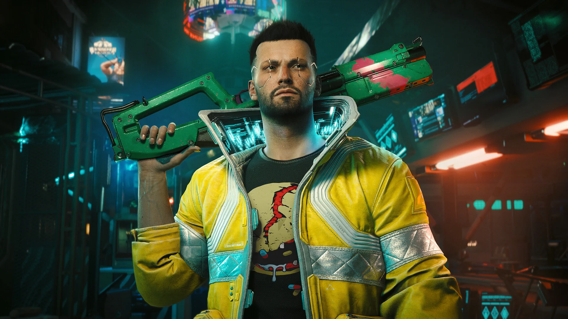 V in a yellow and white jacket rests a green rifle on one shoulder in front of a neon-lit street
