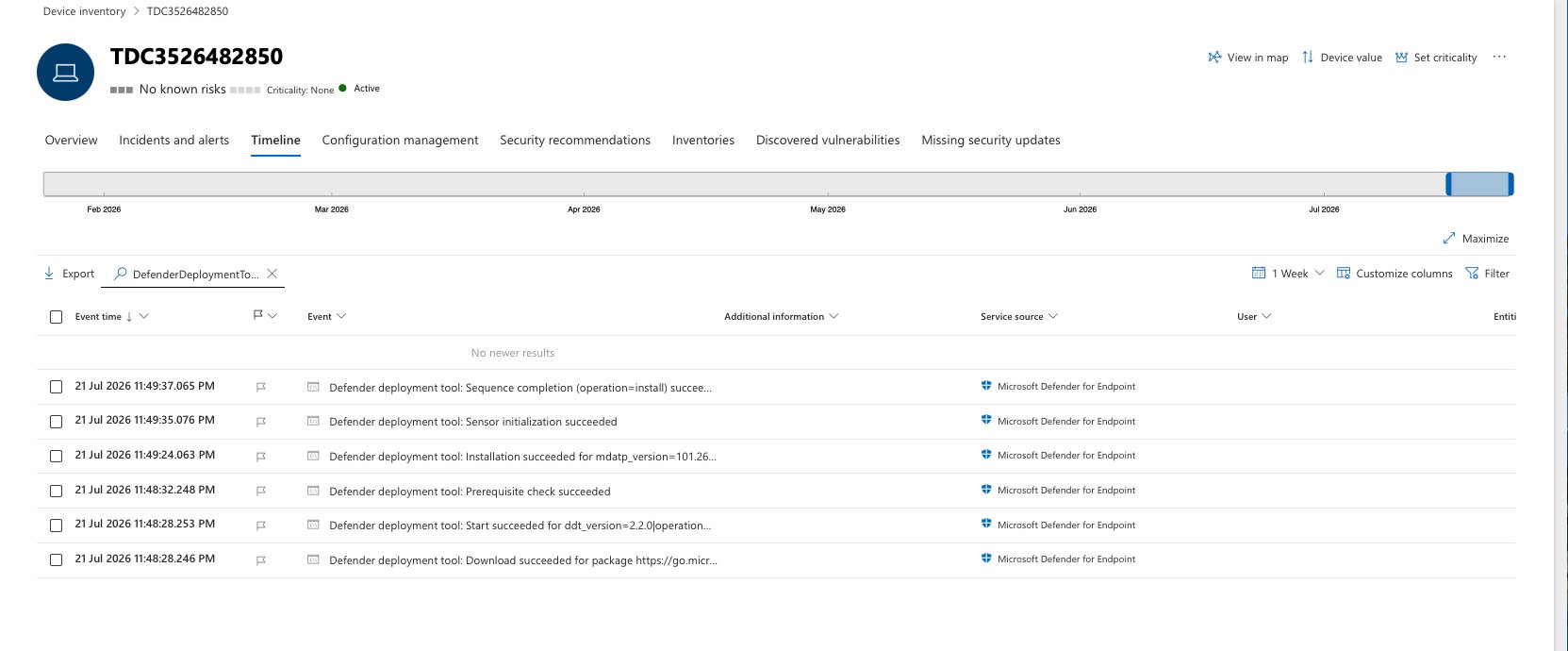 Defender device timeline showing Defender deployment tool install events