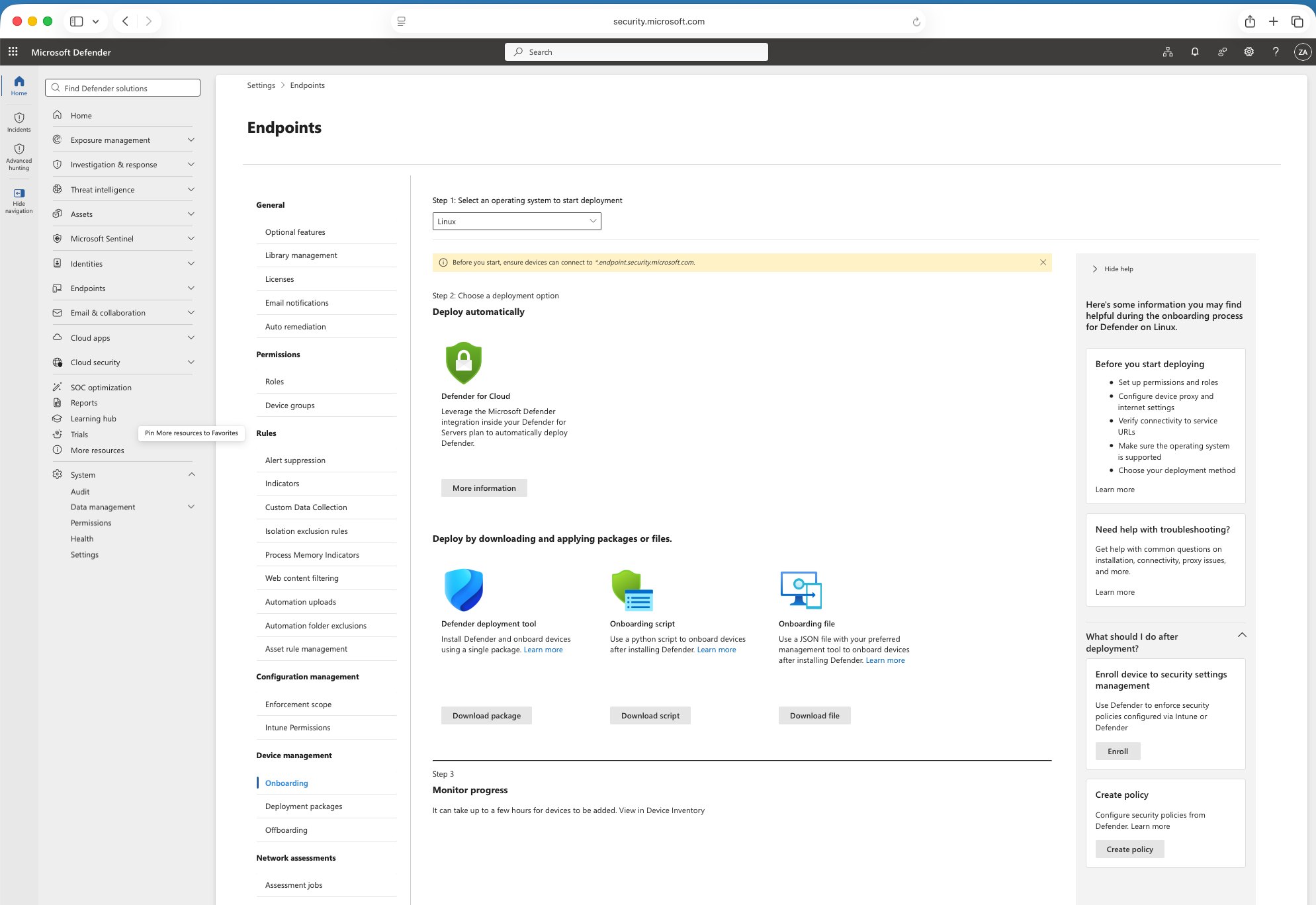 Microsoft Defender portal Endpoints onboarding page with Defender deployment tool option