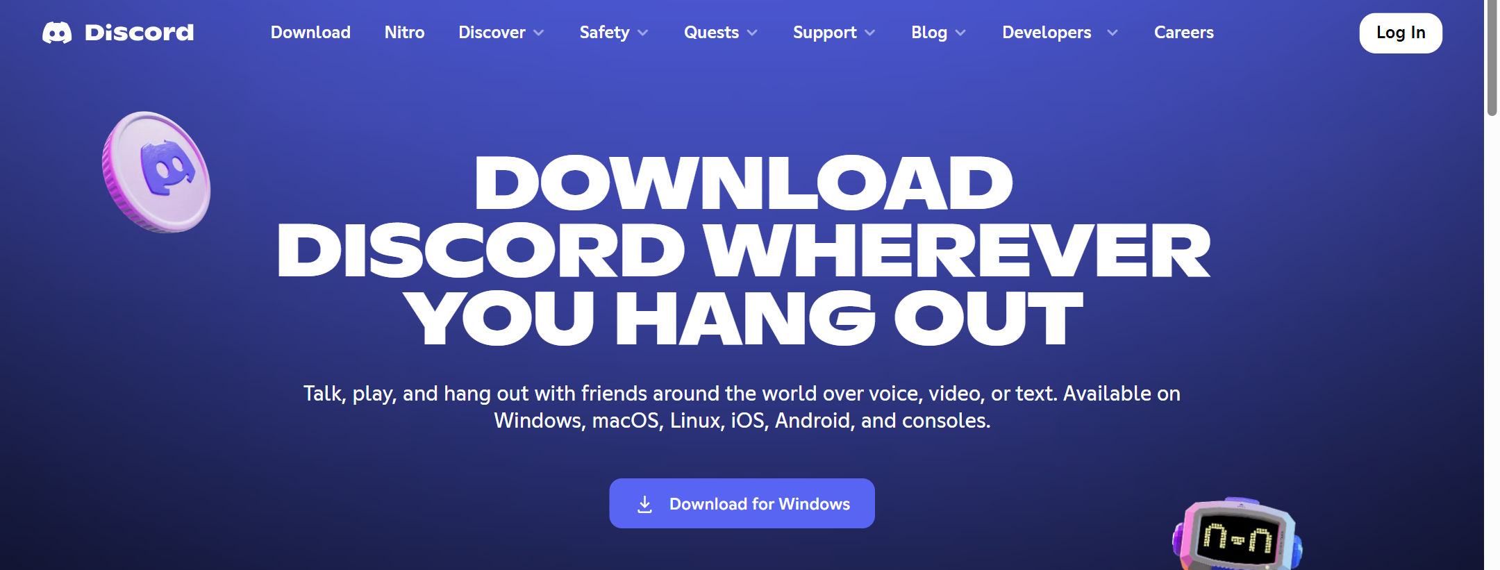 Discord download page with a Download for Windows button under the headline Download Discord wherever you hang out