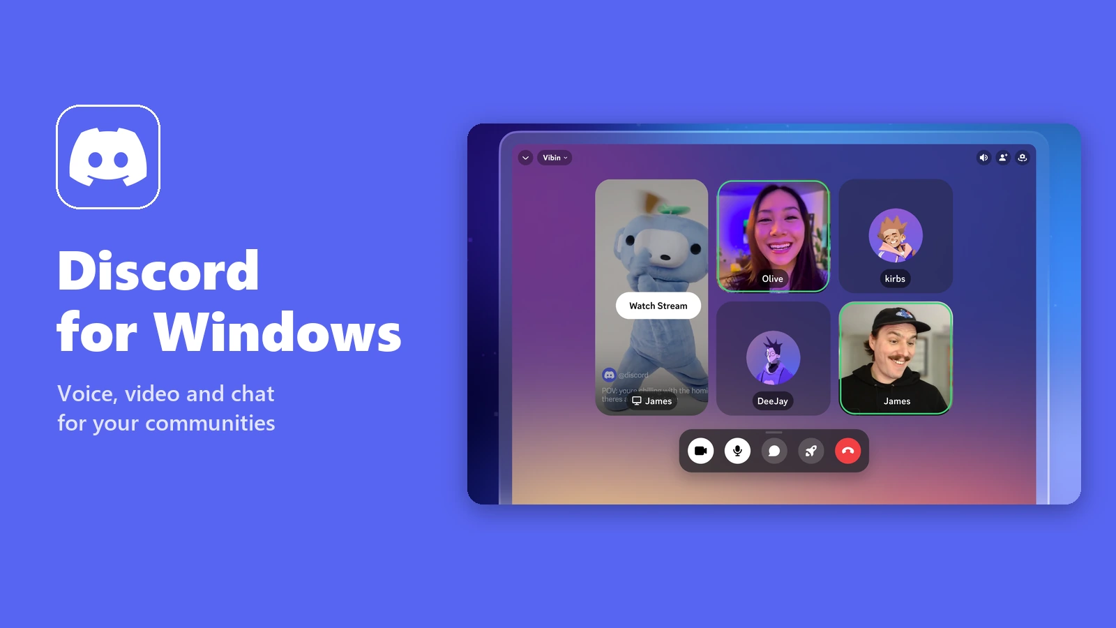 Discord for Windows Discord logo beside a Discord voice channel with friends on video and one person streaming their screen