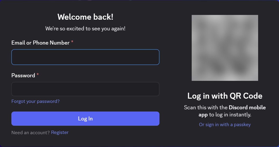 Discord login page with email or phone and password fields, and a blurred QR code for logging in with the Discord mobile app