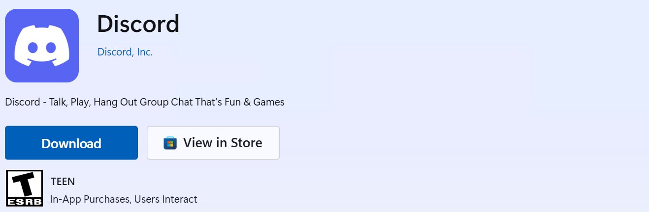 Discord page in the Microsoft Store with Download and View in Store buttons, published by Discord, Inc. and rated Teen