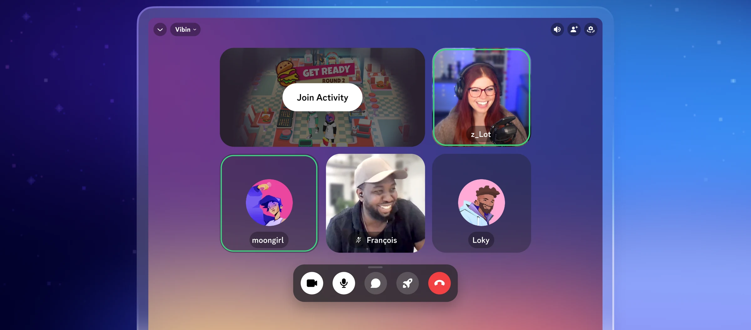 Discord voice call with friends on camera and a shared game activity with a Join Activity button