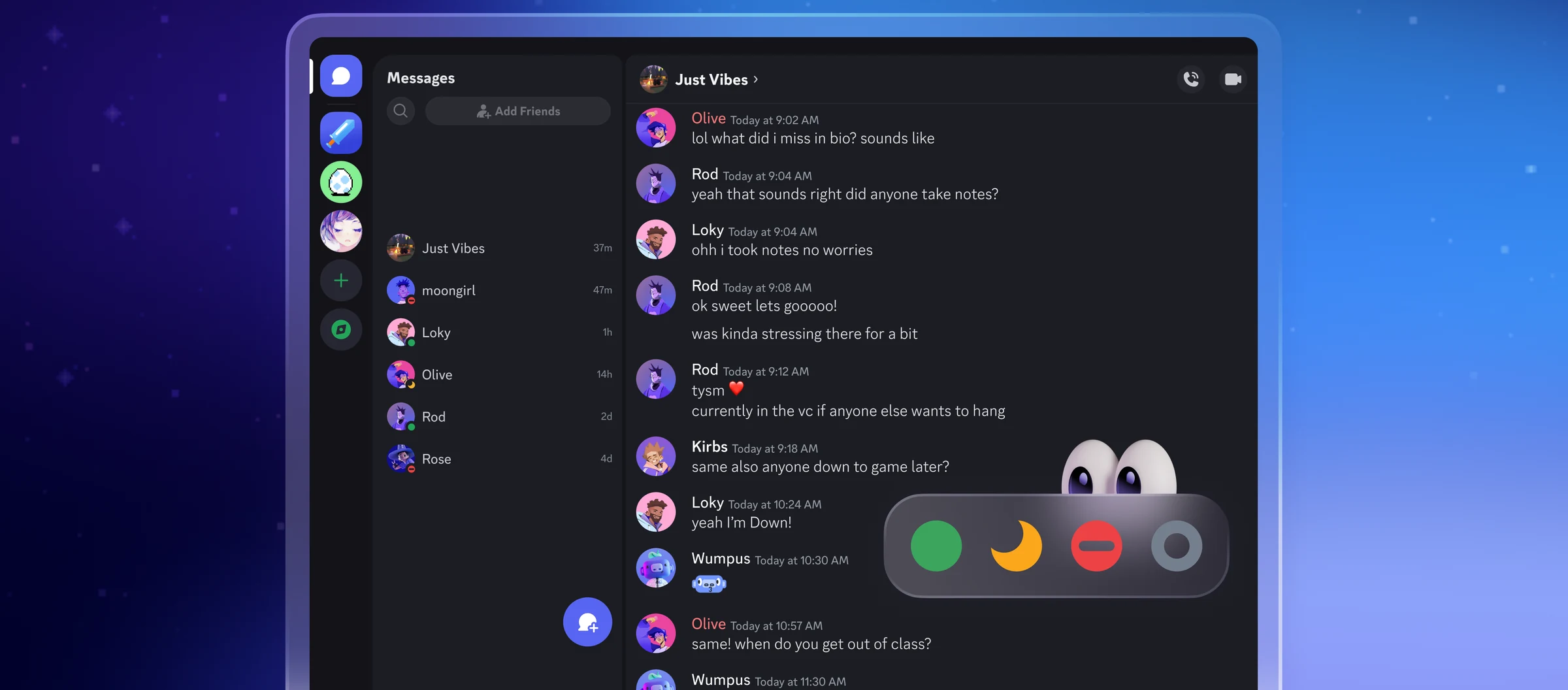 Discord direct messages list on PC with a group conversation open and online status options shown