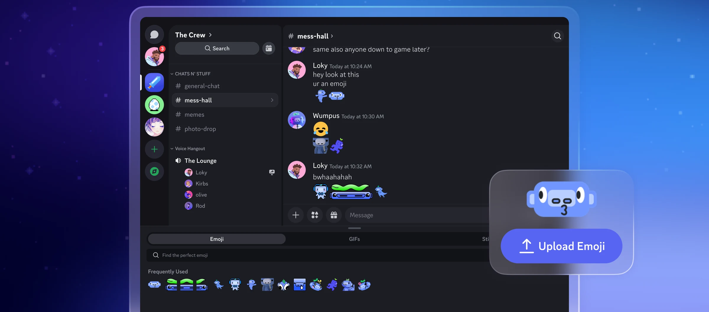 Discord text channel on PC with server channels on the left, chat messages with custom emoji and the emoji picker open