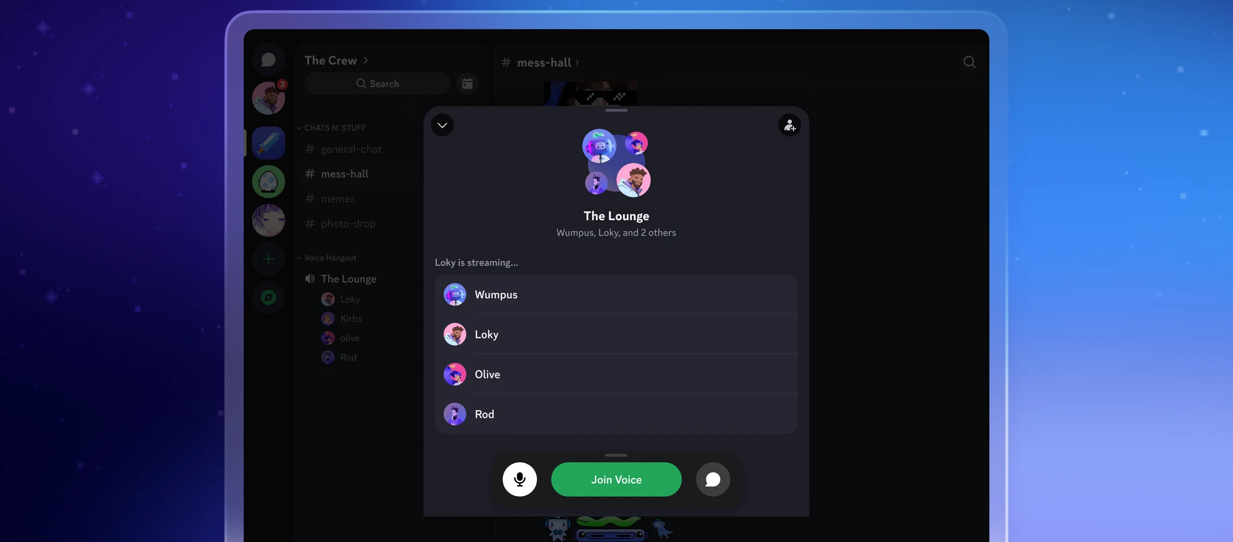 Discord voice channel preview showing who is inside and a Join Voice button