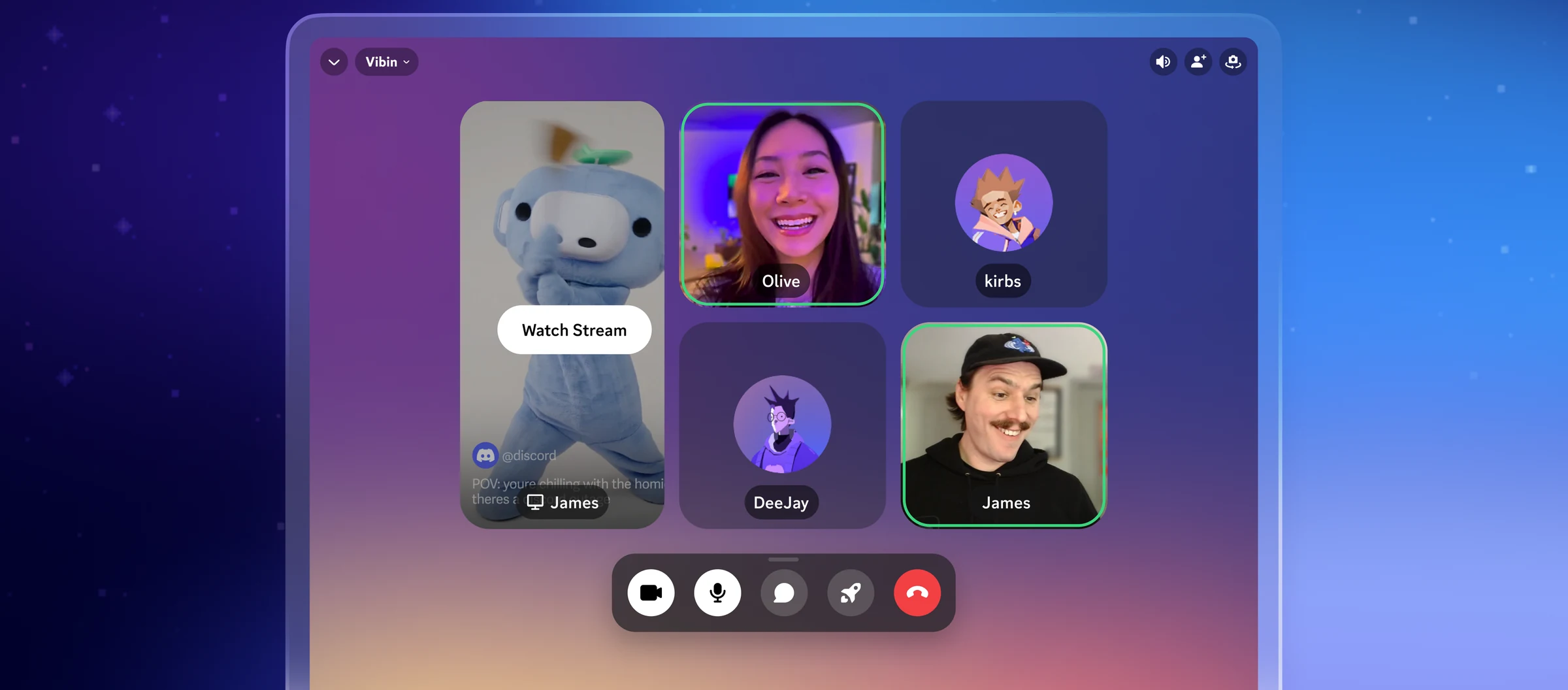 Discord voice channel with friends on camera, profile pictures for others, and one person streaming with a Watch Stream button