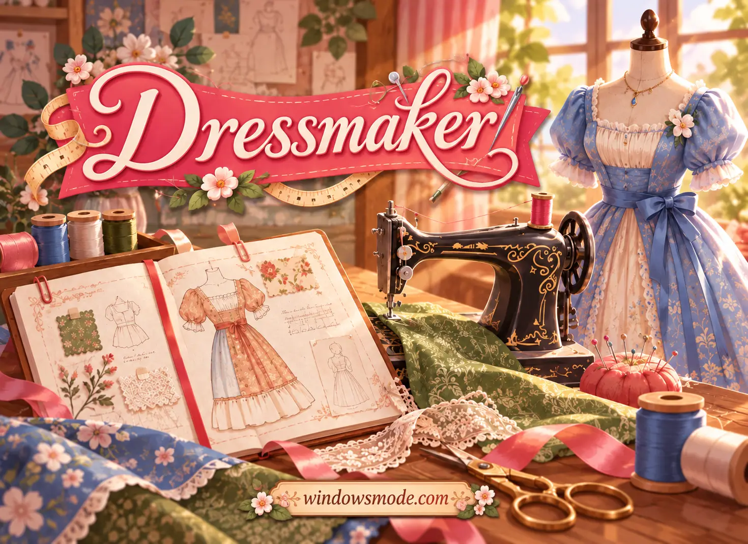 A cozy vintage dressmaking workroom with the Dressmaker title on a pink ribbon, an open sketchbook with dress designs and fabric swatches, a black vintage sewing machine, and a blue puff-sleeved dress on a dress form by a sunny window