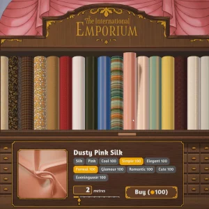 The International Emporium fabric shop in Dressmaker, with rolls of fabric on shelves and a dusty pink silk selected, showing its style tags and a buy button