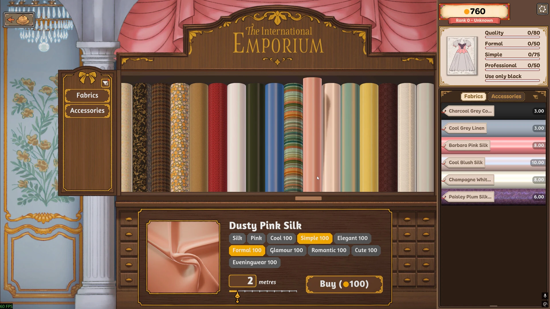 The International Emporium fabric shop in Dressmaker, with rolls of fabric on shelves and a dusty pink silk selected, showing its style tags and a buy button