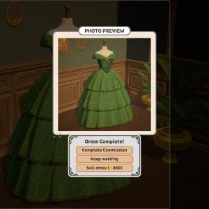 A finished green tiered ball gown in the Dressmaker photo preview, with buttons to complete the commission, keep working or sell the dress