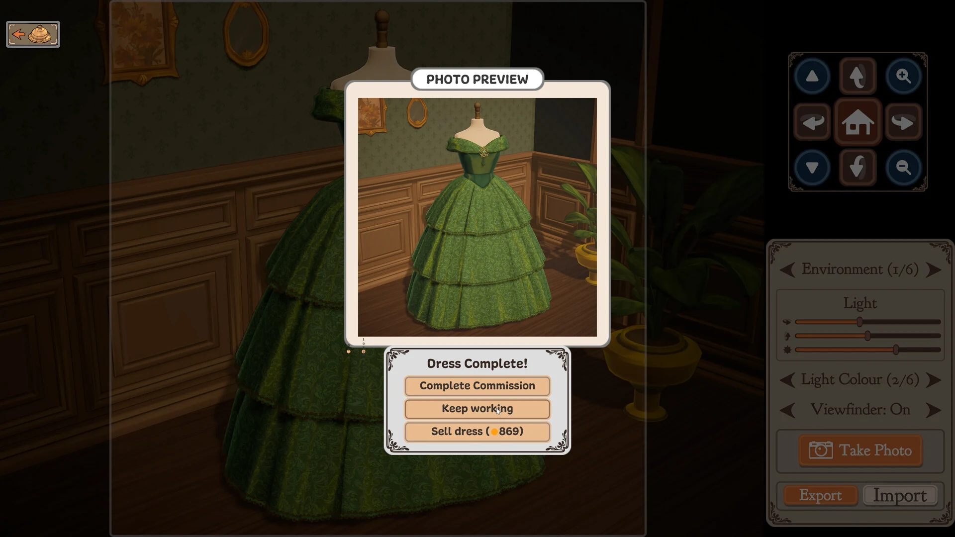 A finished green tiered ball gown in the Dressmaker photo preview, with buttons to complete the commission, keep working or sell the dress
