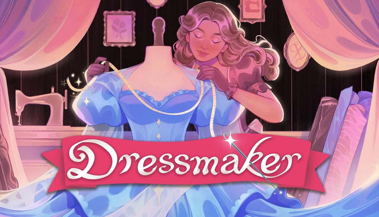 Dressmaker key art showing a dressmaker draping a tape measure over a blue gown on a dress form, with pink curtains, a sewing machine and fabric rolls behind, under the pink Dressmaker logo ribbon