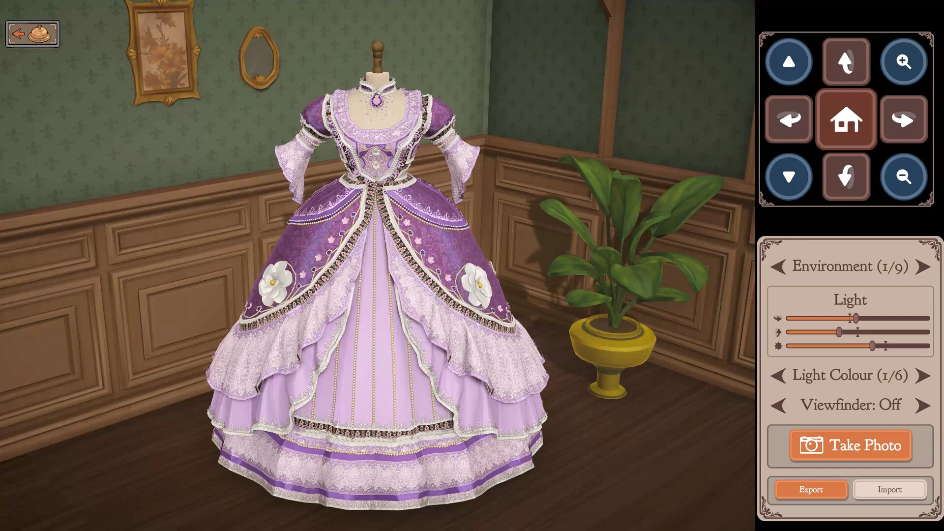 A lavender ball gown with lace trim and white flower appliques on a dress form in Dressmaker photo mode, with camera, light and background controls on the right