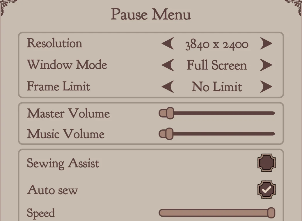 The Dressmaker pause menu with the AutoSew mod options, including auto sew, sewing speed, auto measure, auto mannequin and place patterns