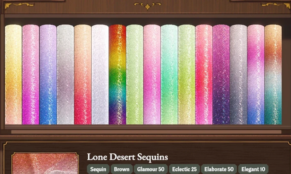 A shelf of glittery sequin fabric rolls in rainbow colors added by the Glittery Fantasy Fabrics mod in the Dressmaker fabric shop