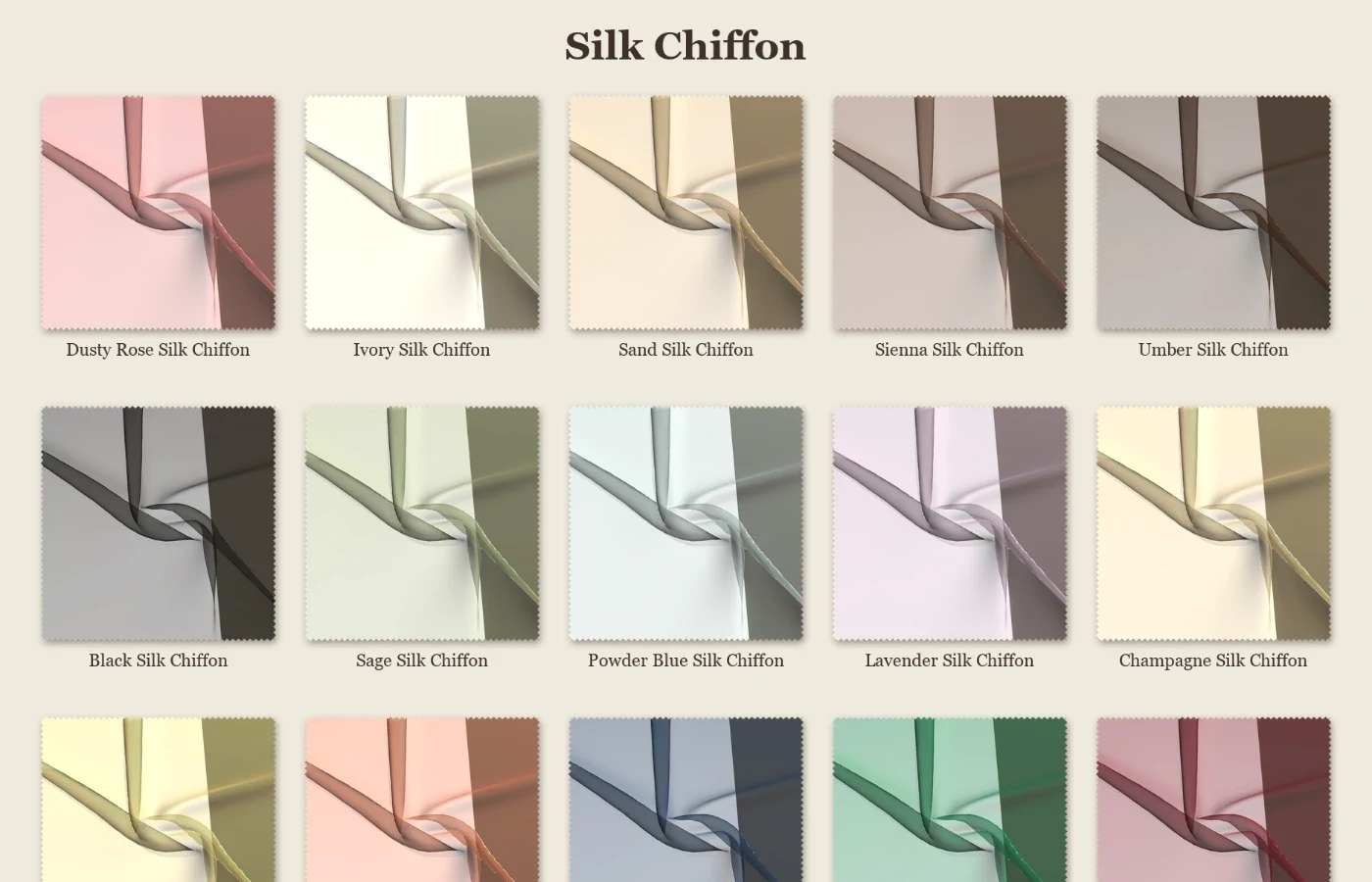 A grid of silk chiffon fabric swatches in pastel and dark colors added by the Sheers and Laces mod for Dressmaker