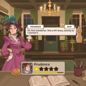 Prudence, a customer in a magenta coat and feathered hat, happy with her finished dress at the front desk of the dress shop in Dressmaker, with a cat asleep on a cushion