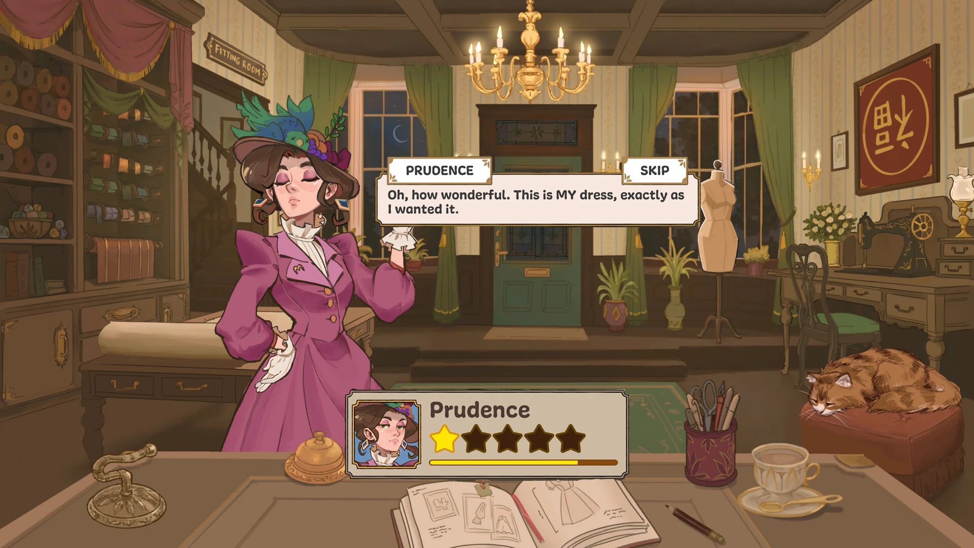 Prudence, a customer in a magenta coat and feathered hat, happy with her finished dress at the front desk of the dress shop in Dressmaker, with a cat asleep on a cushion