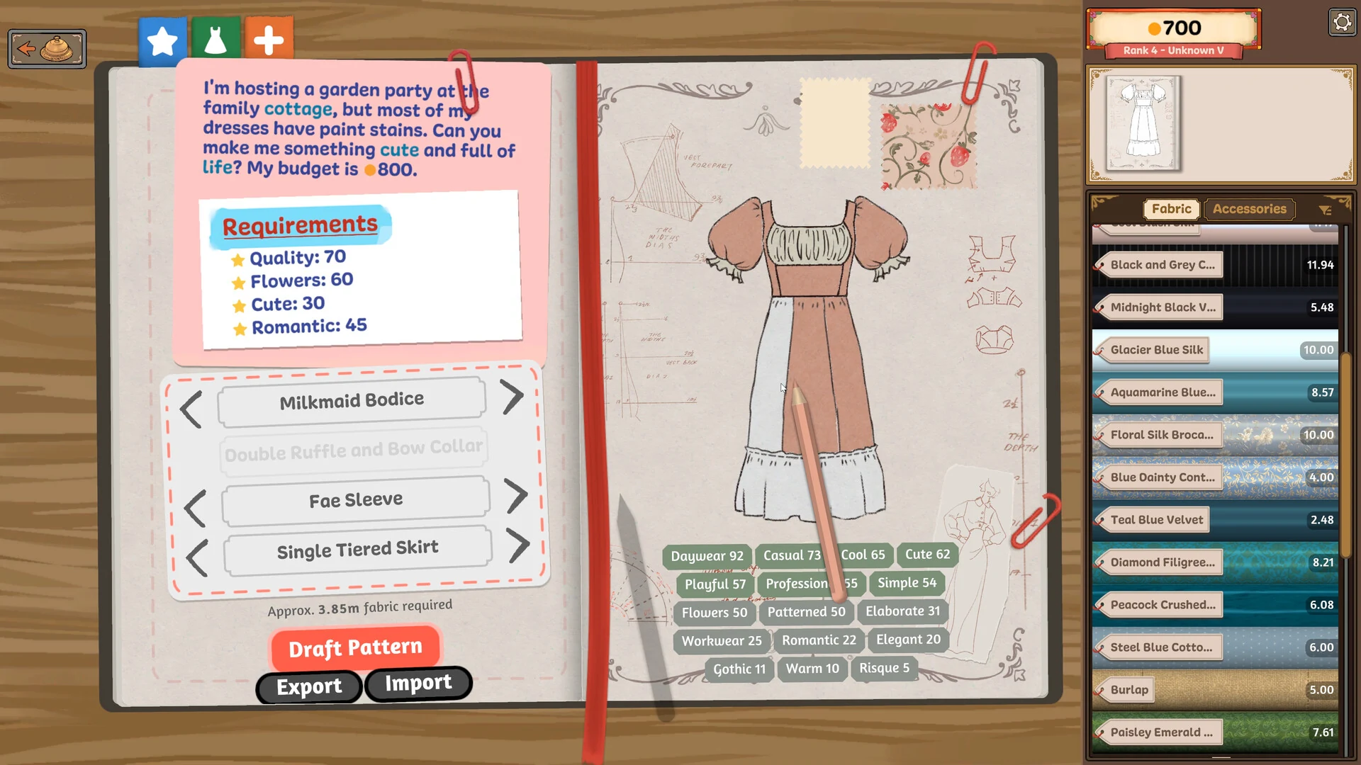 The Dressmaker sketchbook showing a garden party commission with its style requirements and budget, and a dress sketch built from a milkmaid bodice, fae sleeves and a single tiered skirt