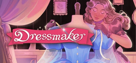 Dressmaker header art with the pink Dressmaker logo ribbon over a dressmaker fitting a blue gown on a dress form