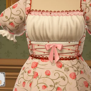 A close view of a strawberry print cotton dress with puff sleeves, lace trim and a pink laced bow at the waist in Dressmaker, with an accessories panel on the right