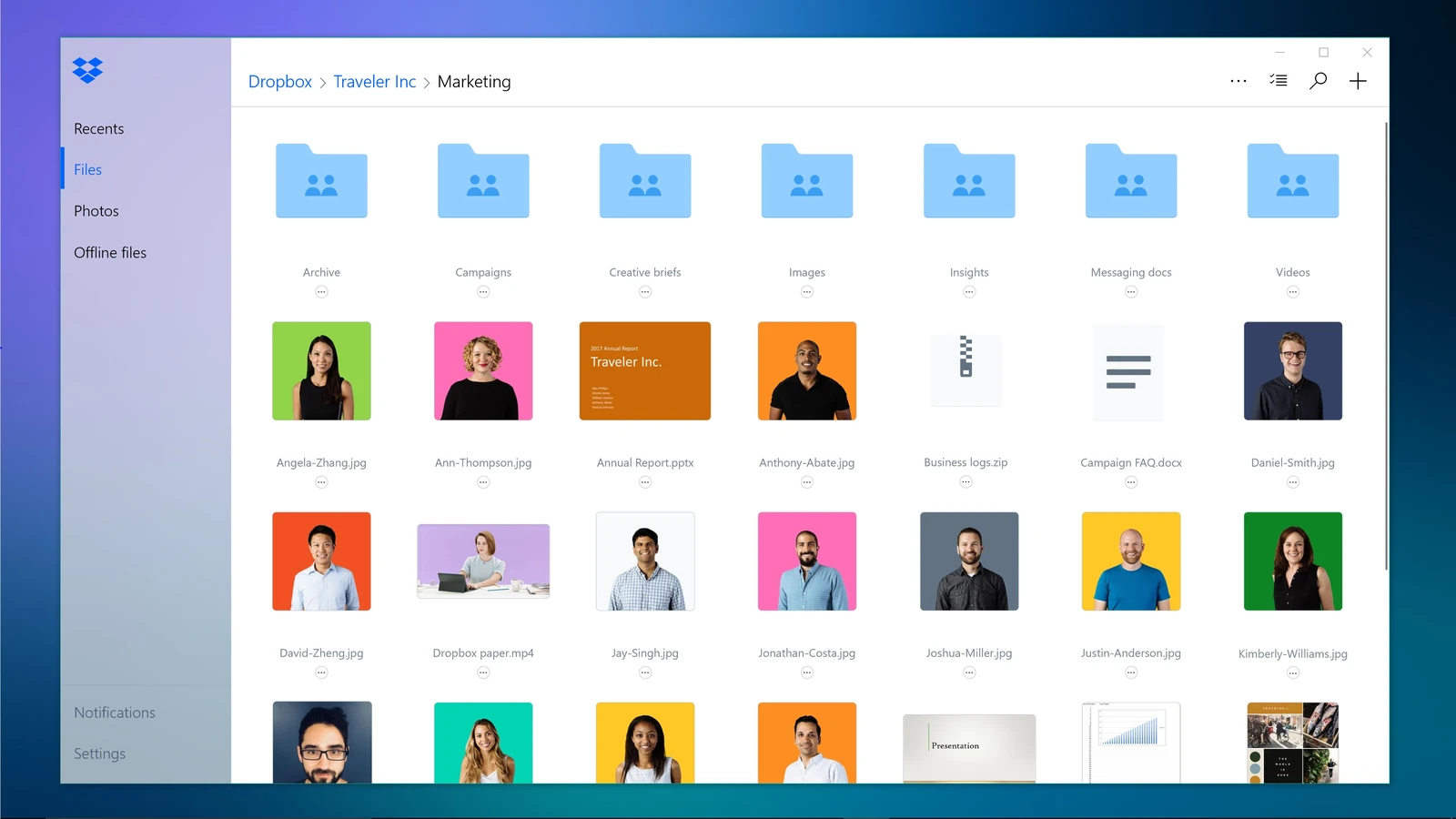 Dropbox Lite on Windows showing a Marketing folder with subfolders and photo thumbnails, and a sidebar with Recents, Files, Photos and Offline files