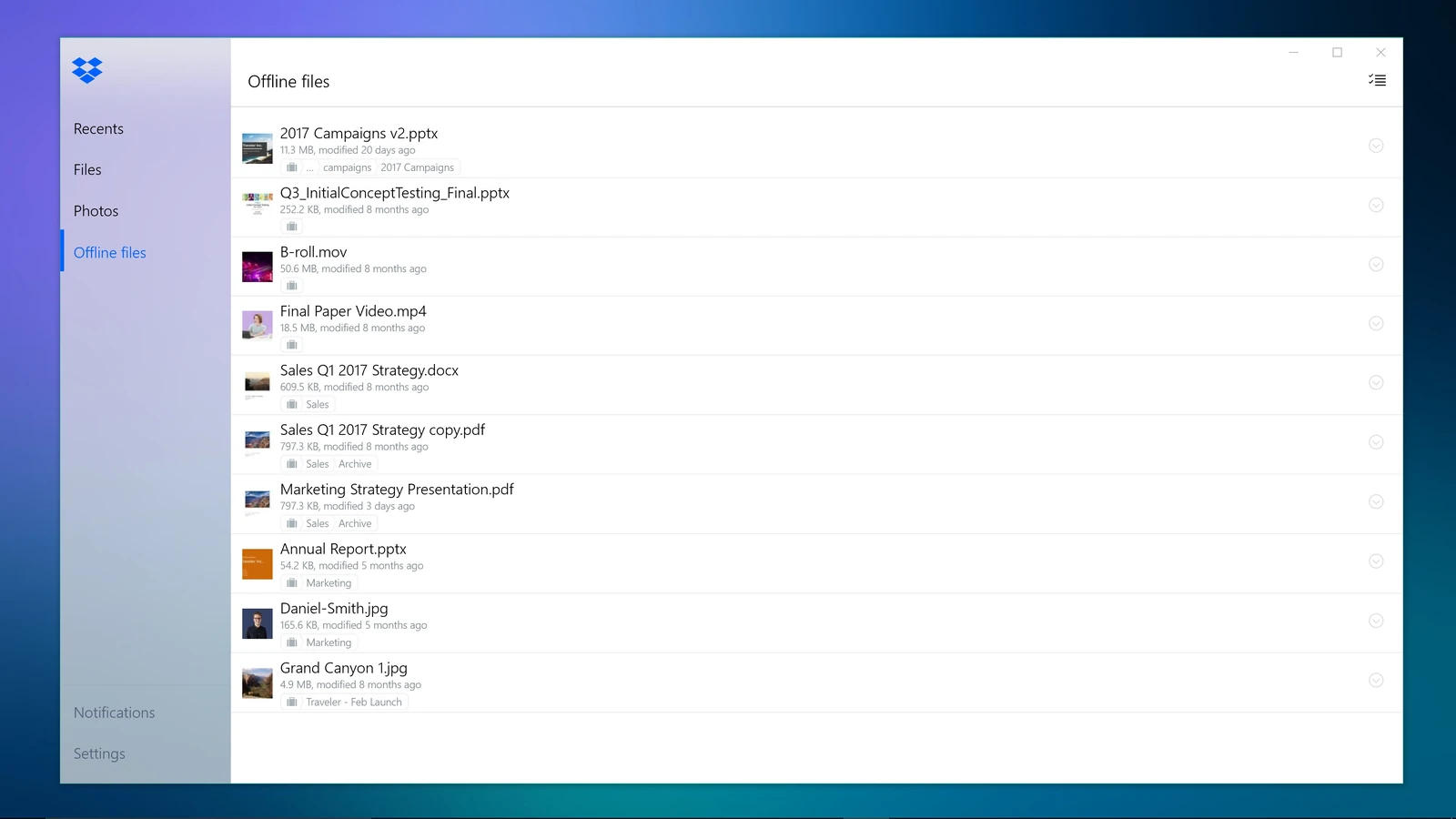 Dropbox Lite Offline files list showing presentations, PDFs, documents and videos saved to the PC for use without internet