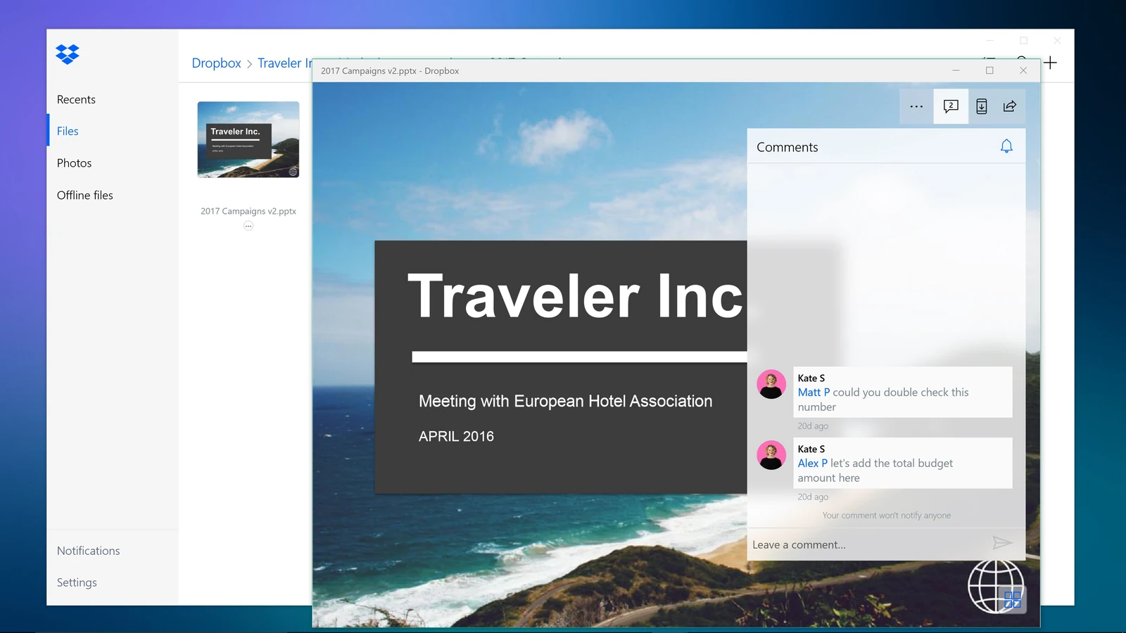 Dropbox Lite previewing a presentation slide with a comments panel on the right where two people left notes