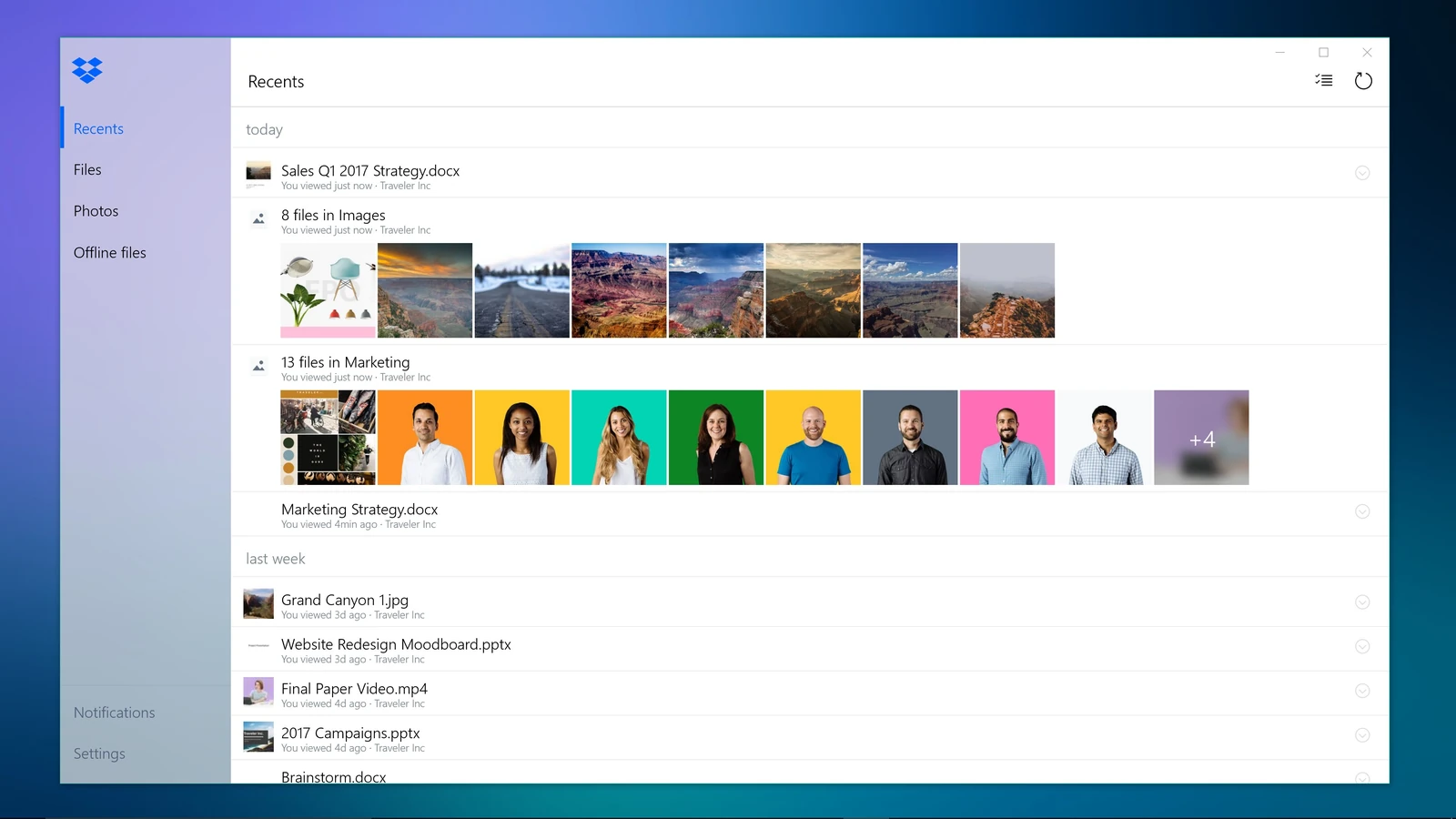 Dropbox Lite Recents tab listing recently viewed documents and groups of photos added to folders