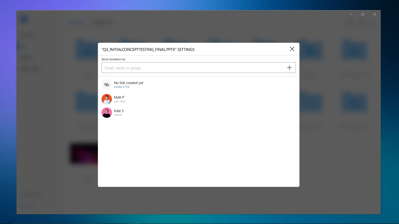Dropbox Lite share settings window for a PowerPoint file, with a box to invite people by email, a create link option and two people who already have access