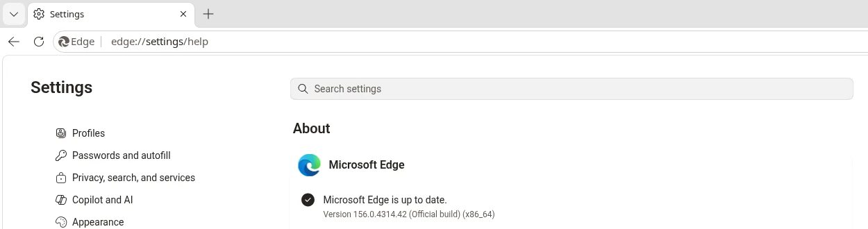 Microsoft Edge About page at edge://settings/help showing Microsoft Edge is up to date, version 156.0.4314.42