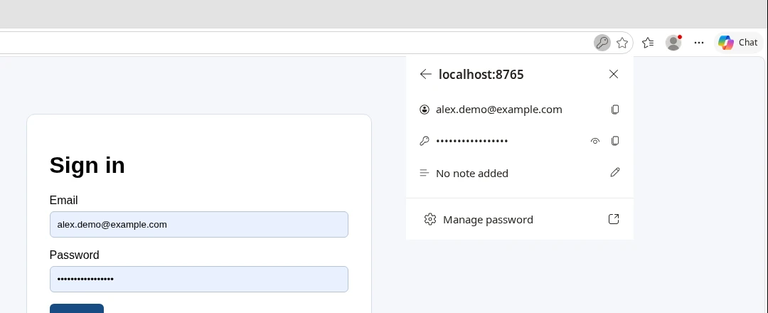 Edge 156 key icon panel in the address bar showing a saved login with copy username, reveal and copy password and add note buttons