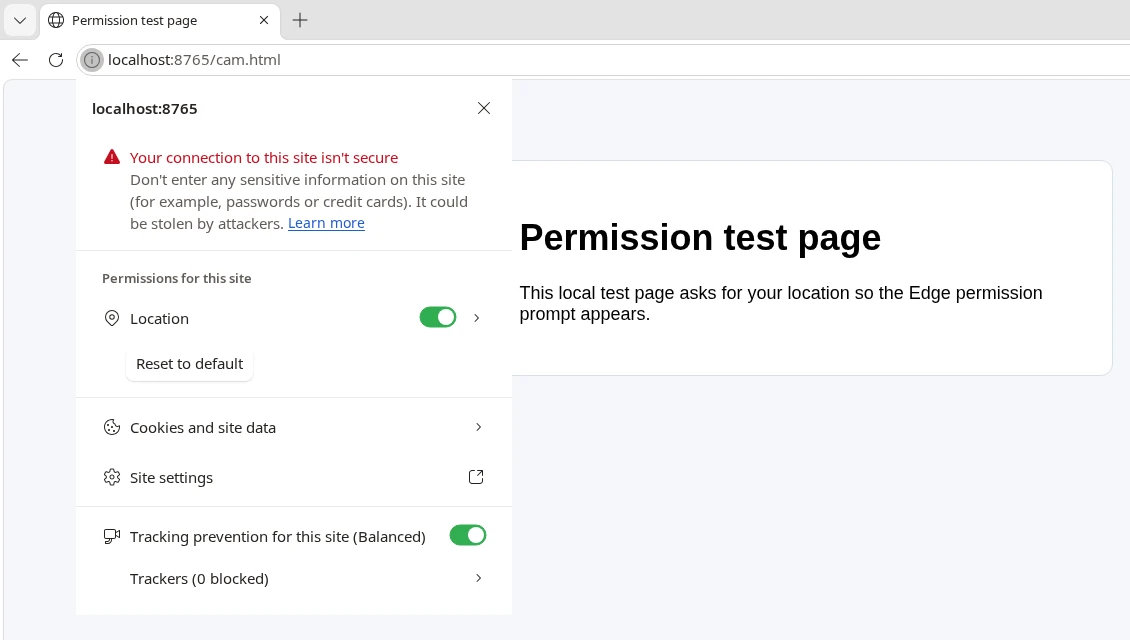 Edge 156 site information panel opened from the address bar, listing Permissions for this site with a Location toggle and Reset to default button
