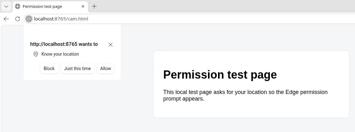 Edge 156 address bar permission prompt asking to know your location, with Block, Just this time and Allow buttons